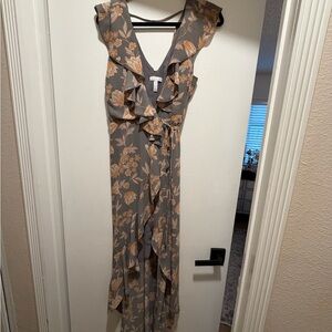 Floral Ruffle V-Neck Maxi Dress in Gray and Peach